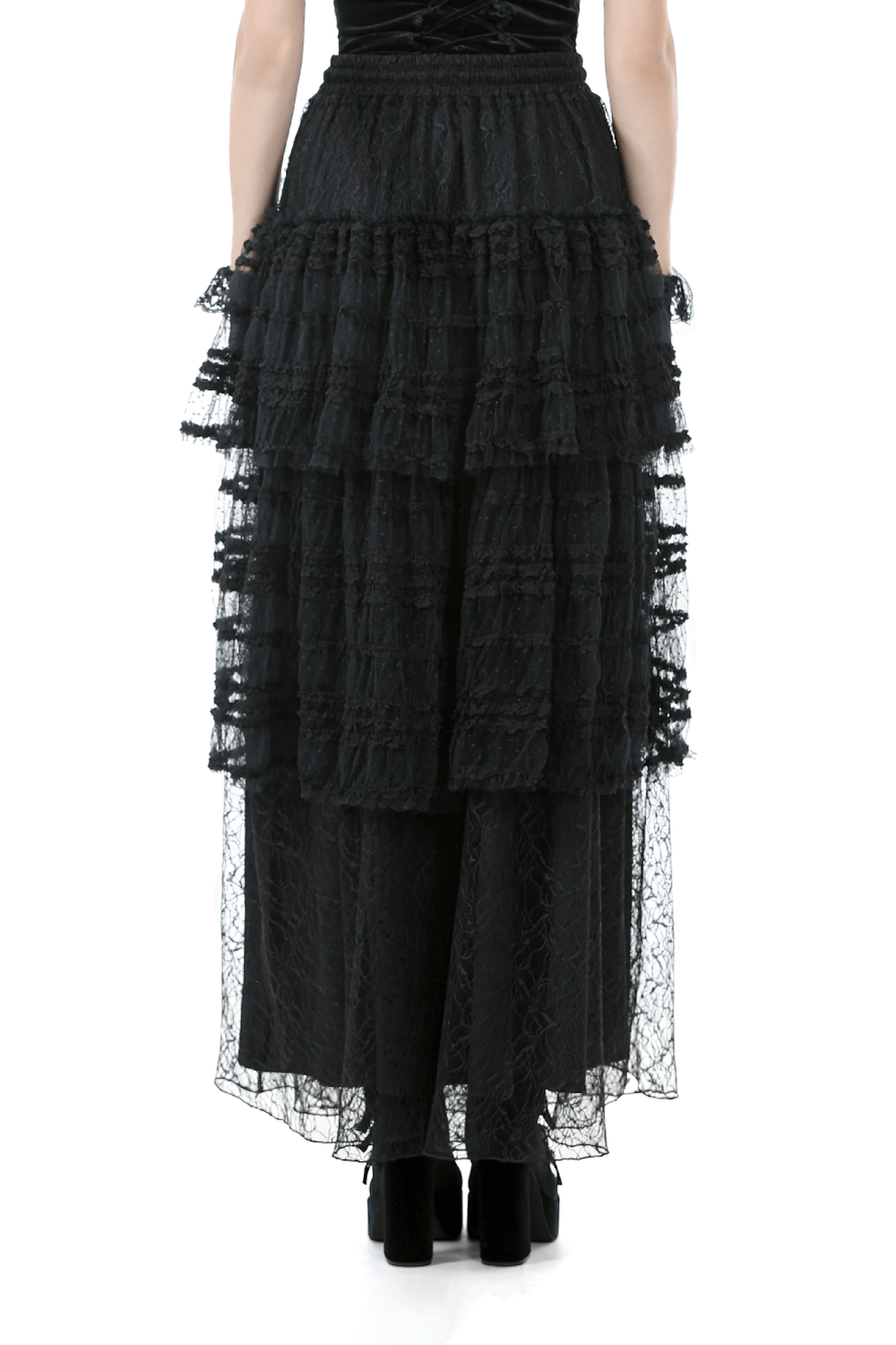 Back view of a black layered lace goth maxi skirt with ruffled tiers and drawstring waist for women.