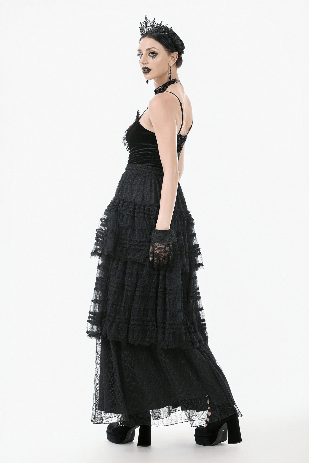 Black layered lace goth maxi skirt with drawstring waist and ruffled tiers for a Victorian-inspired look.