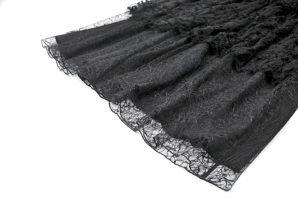 Black layered lace maxi skirt with ruffled tiers and delicate details for gothic and Victorian-inspired style.