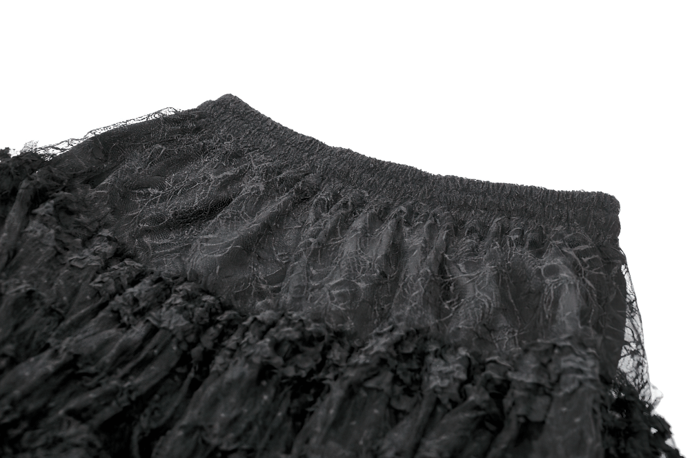Close-up of black layered lace maxi skirt waist with drawstring detail, perfect for gothic and Victorian-inspired looks.
