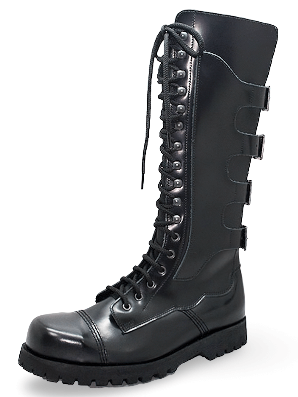 Black Leather 30-Eyelet Unisex Boots with Buckles