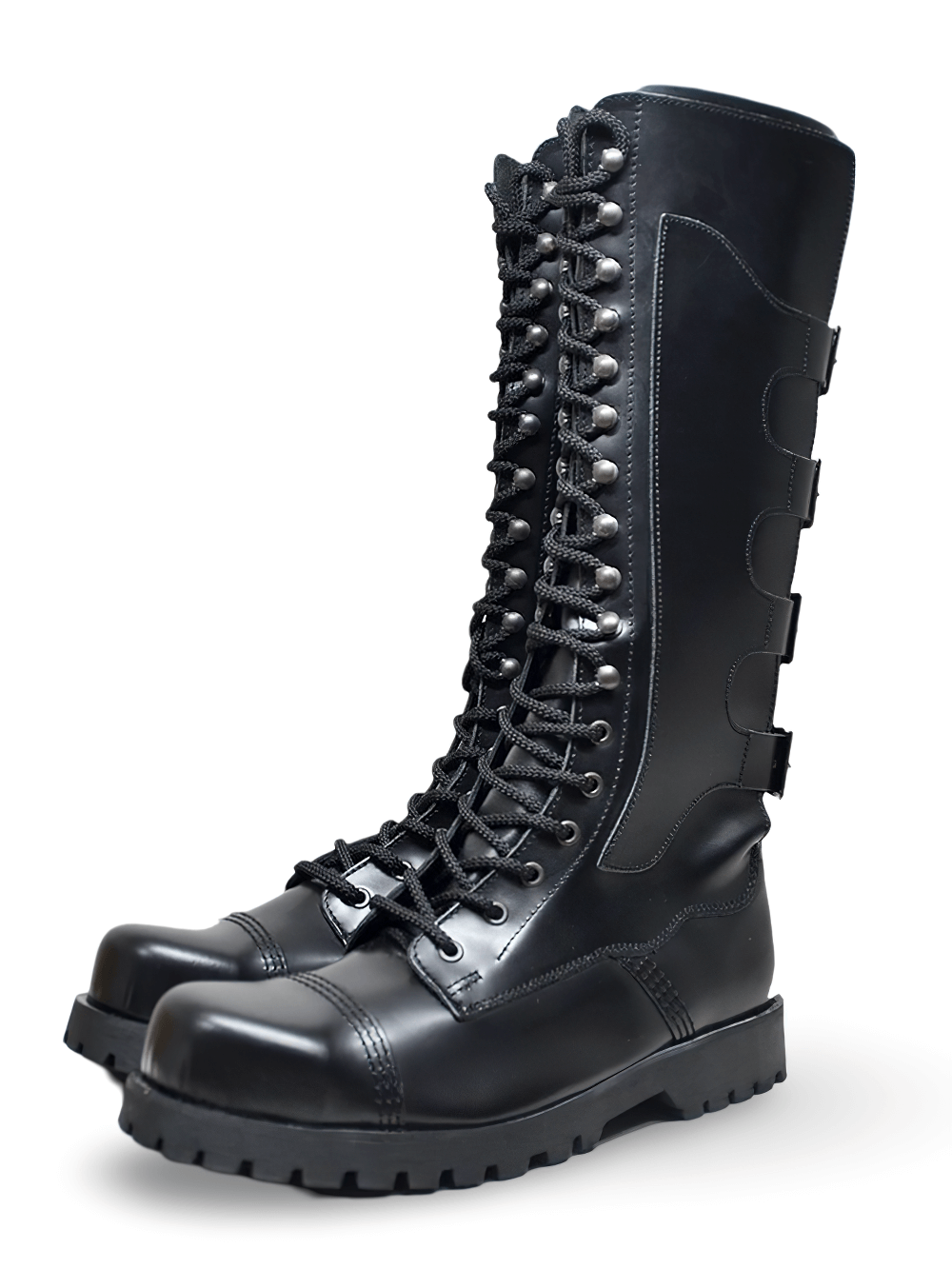 Black Leather 30-Eyelet Unisex Boots with Buckles