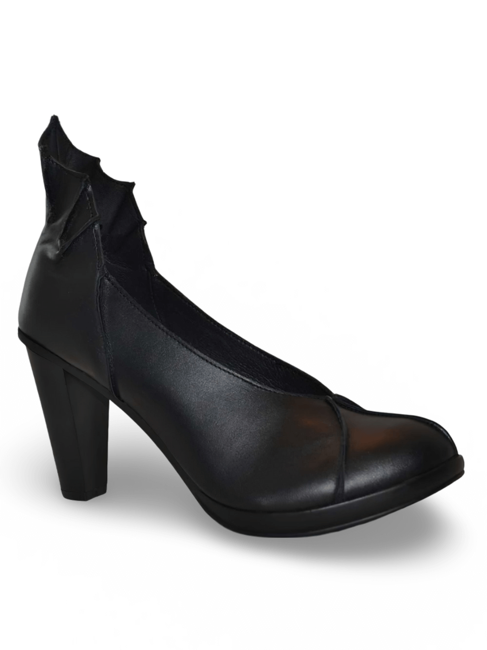 Black Leather Bat-Wing Heeled Shoes for Evening Wear