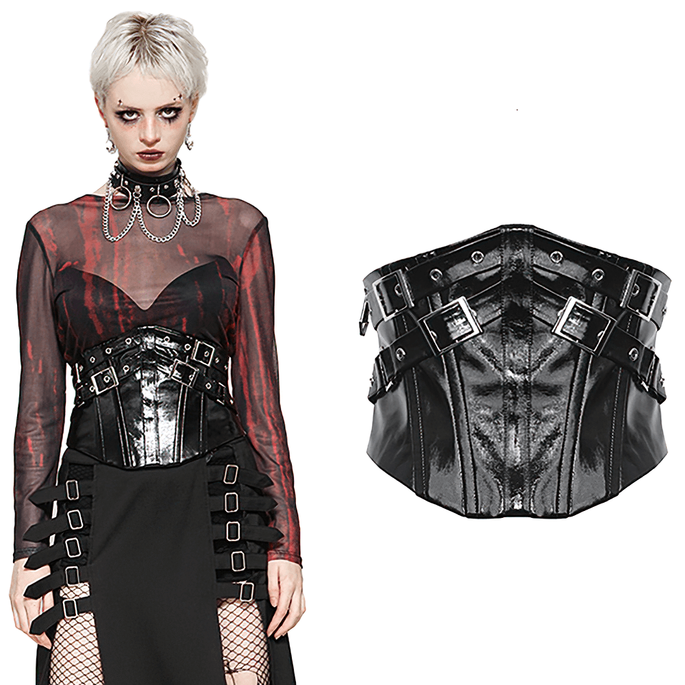 Black leather corset belt with adjustable buckles and rivets, styled with a sheer top for edgy glamour.