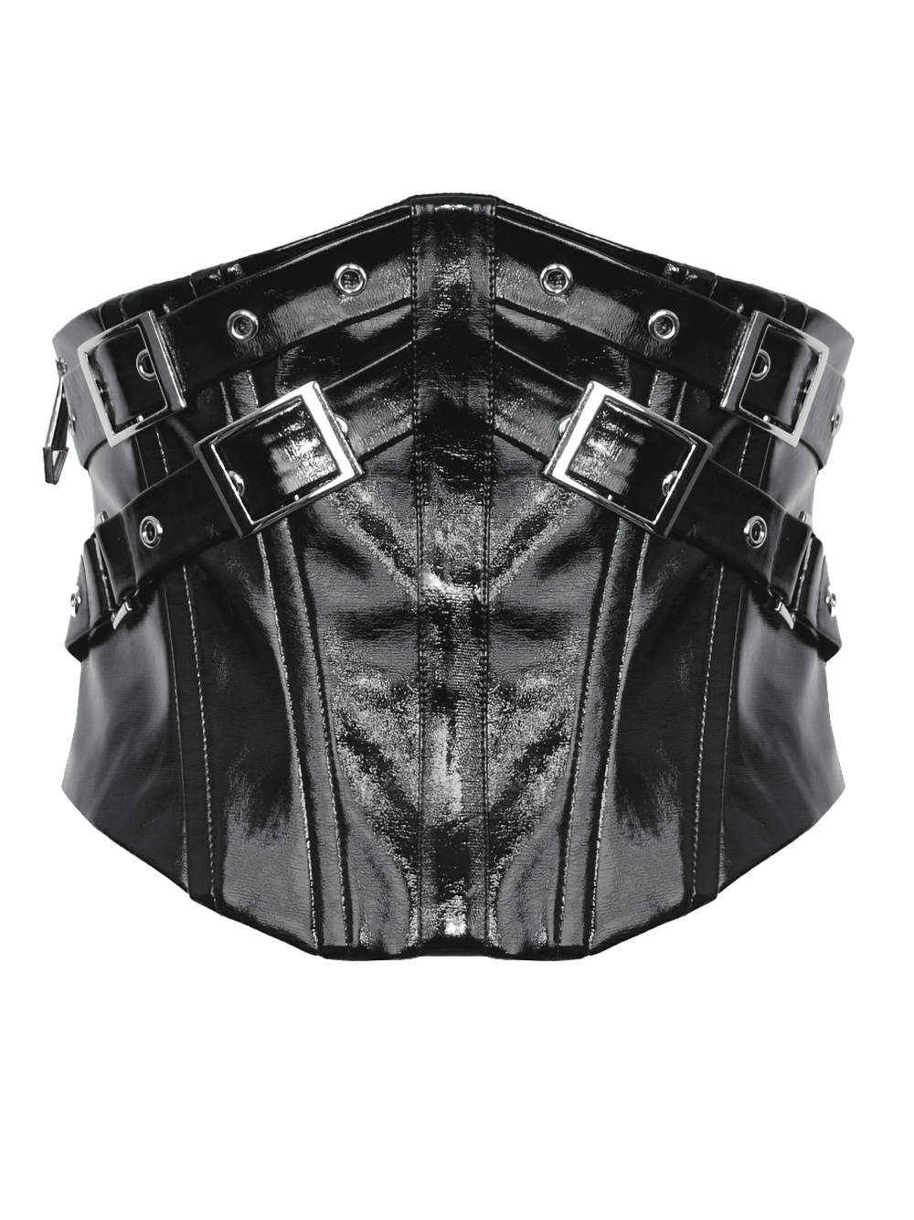 Black leather corset belt with buckles and rivets, featuring a lace-up back for adjustable fit and edgy style.