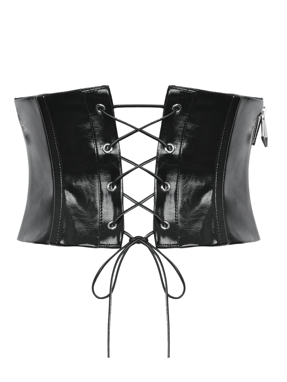 Stylish black leather corset belt with buckles and lace-up back, featuring a glossy finish and metal rivets. Perfect for edgy fashion.