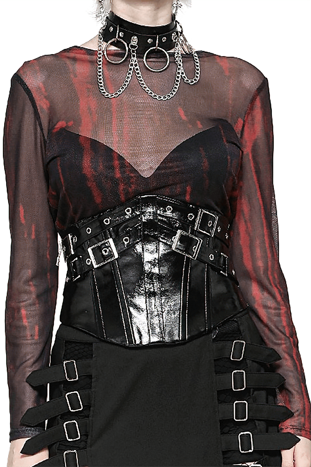 Model wearing a black leather corset belt with buckles, paired with a sheer top and layered accessories for an edgy look.