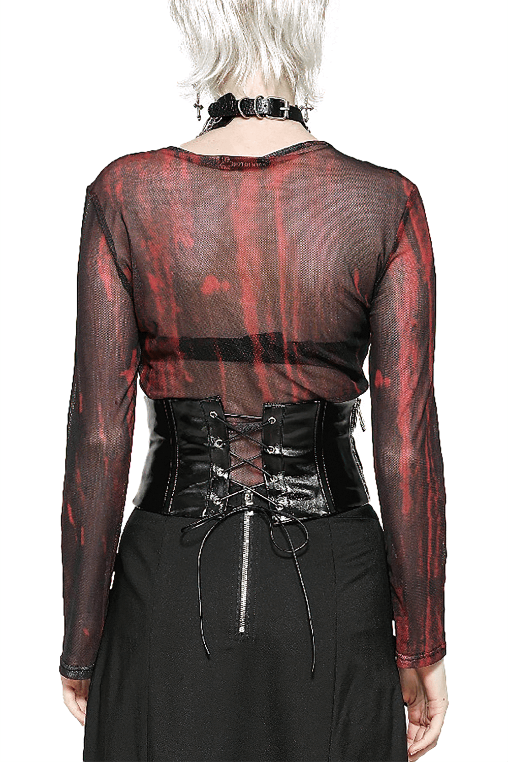 Back view of a model wearing a black leather corset belt with lace-up detail over a sheer red top.