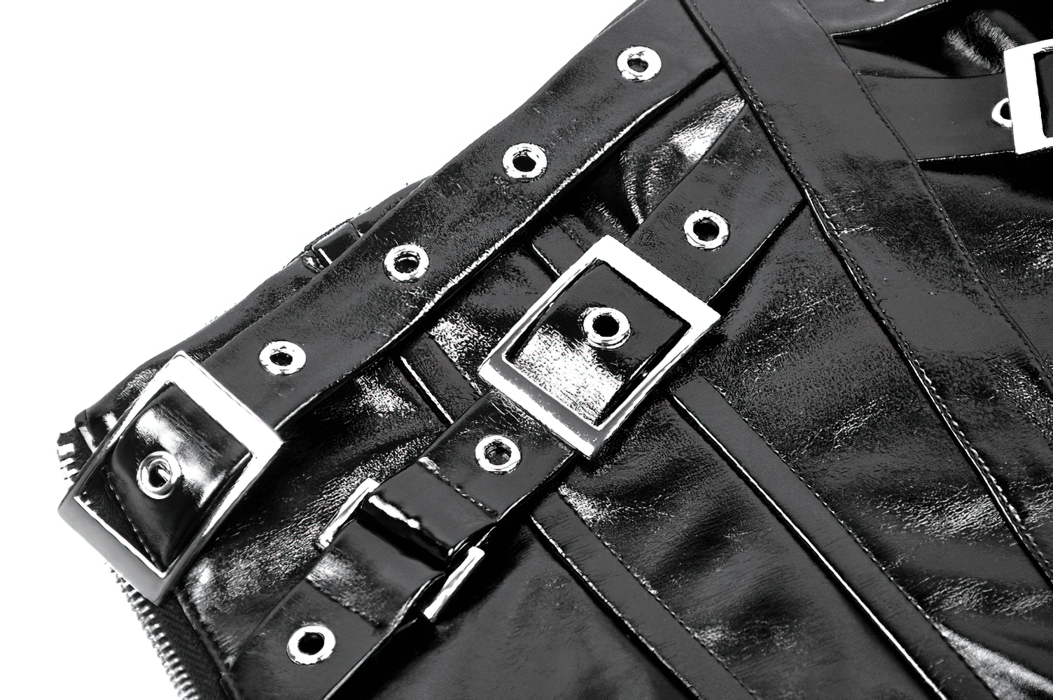 Close-up of a black leather corset belt featuring stylish buckles and eye-catching rivets.