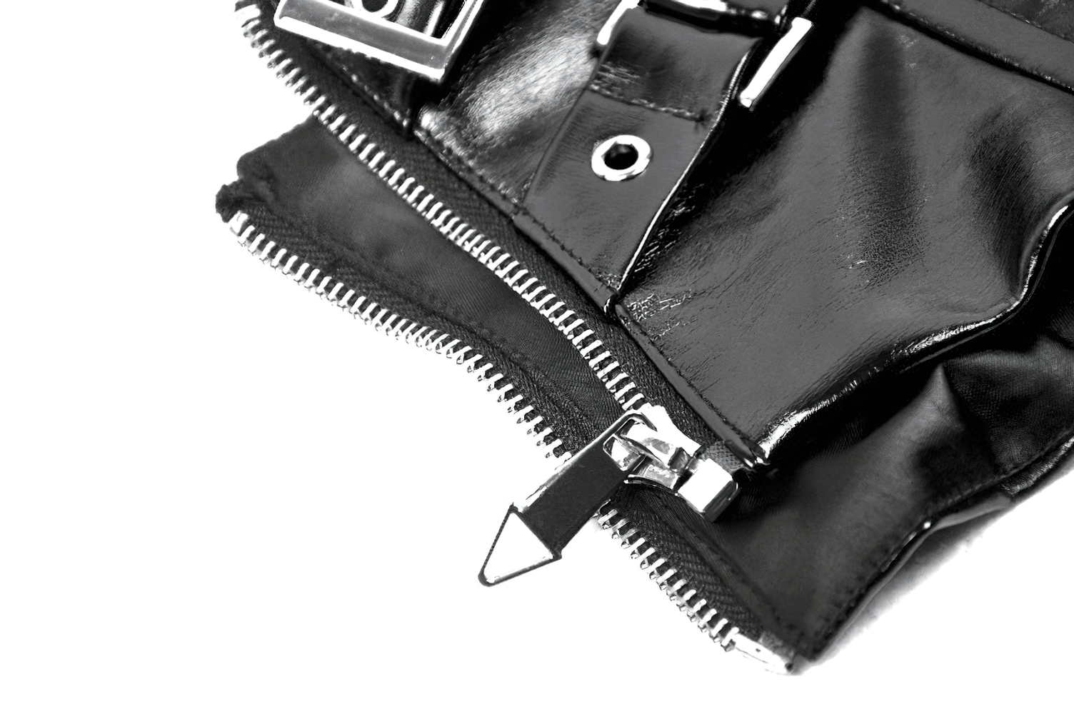 Close-up of a glossy black leather corset belt with buckles, rivets, and a stylish zip detail.