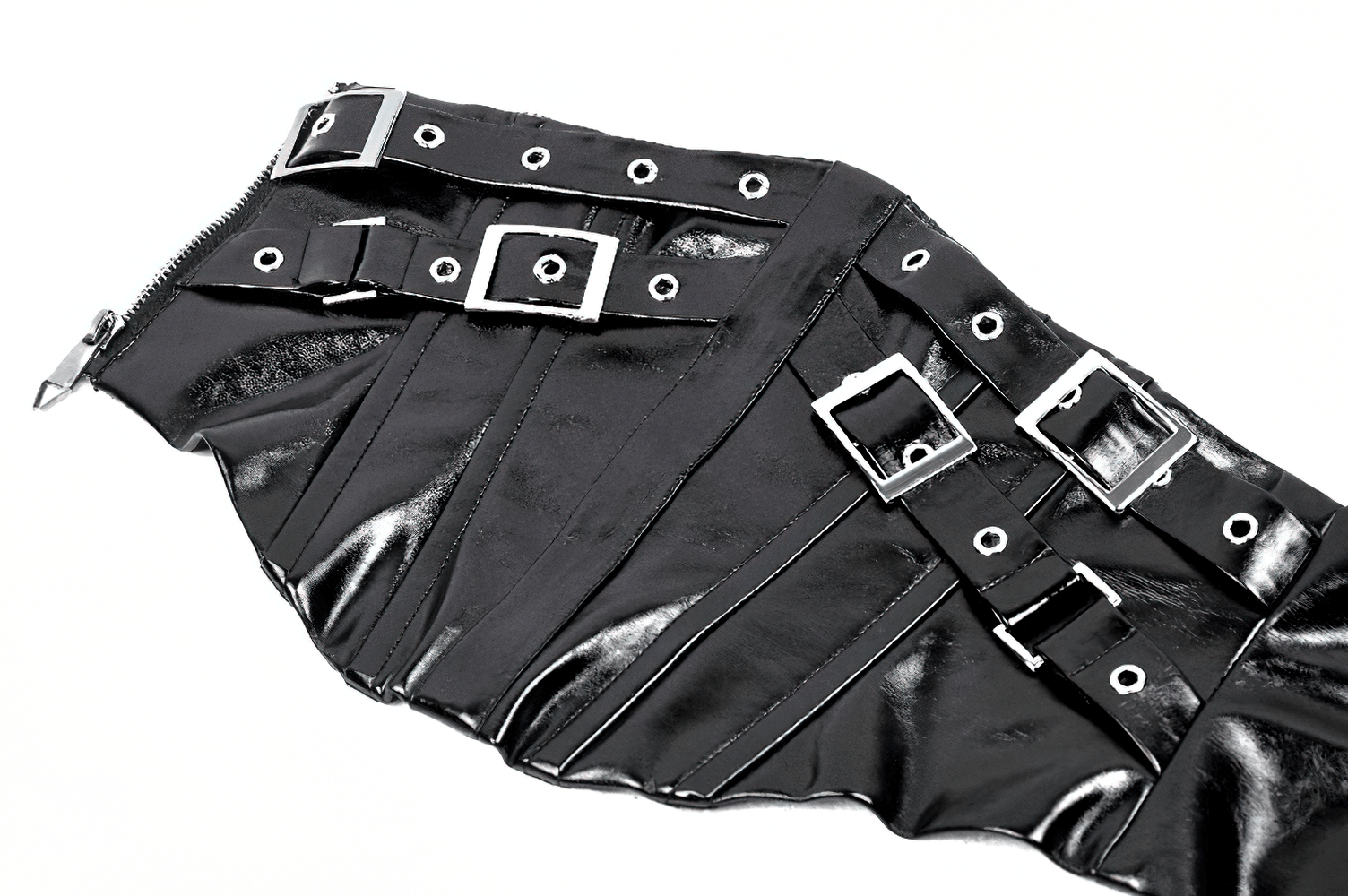 Adjustable black leather corset belt featuring buckles, rivets, and a stylish lace-up back for edgy glamour.