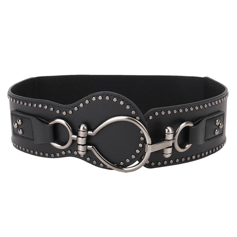 Black Leather Female Waistbelt With Metal Cross Decorated Clasp / Punk Oblique Belts - HARD'N'HEAVY