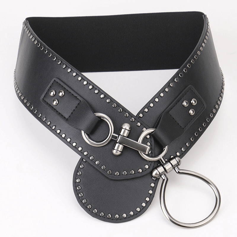 Black Leather Female Waistbelt With Metal Cross Decorated Clasp / Punk Oblique Belts - HARD'N'HEAVY