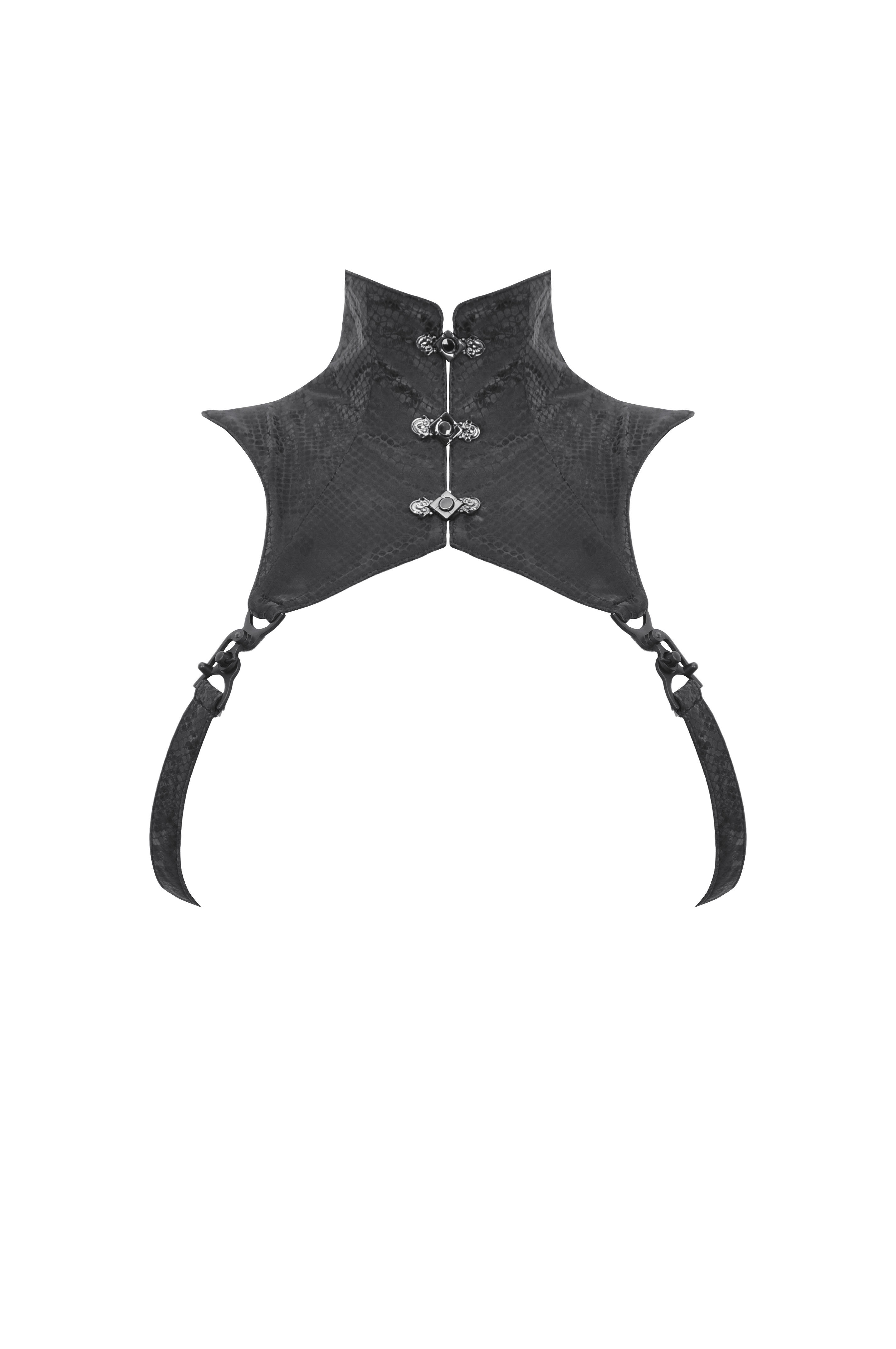 Black leather high-neck collar with silver hardware and adjustable straps, perfect for edgy fashion statements.