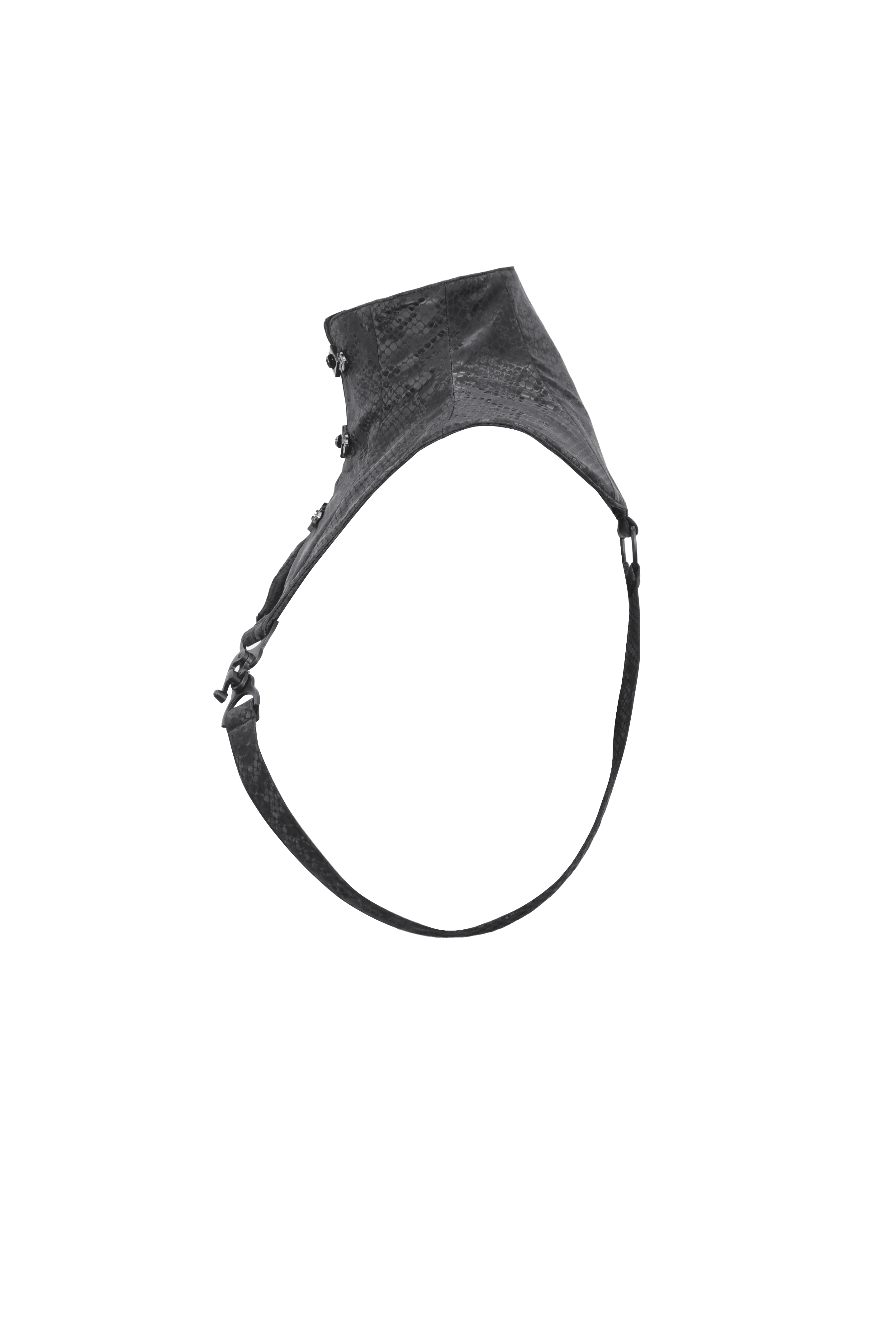 Black leather high-neck collar with silver hardware and snake print design, perfect for edgy fashion lovers.