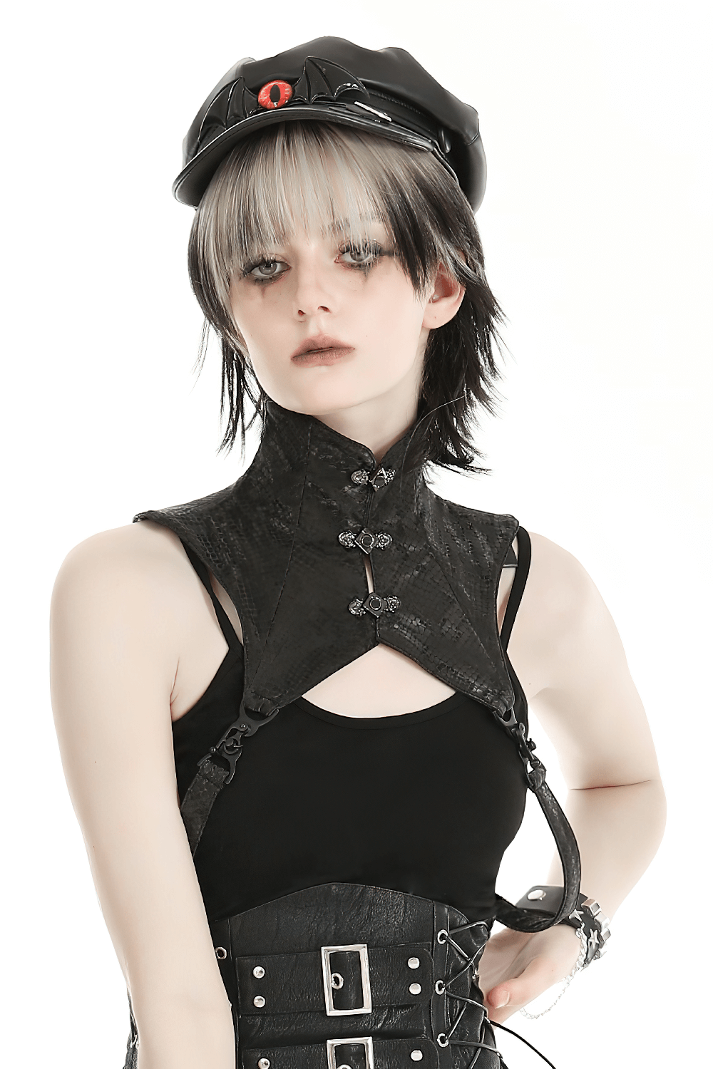 Black Leather High-Neck Collar with Silver Hardware