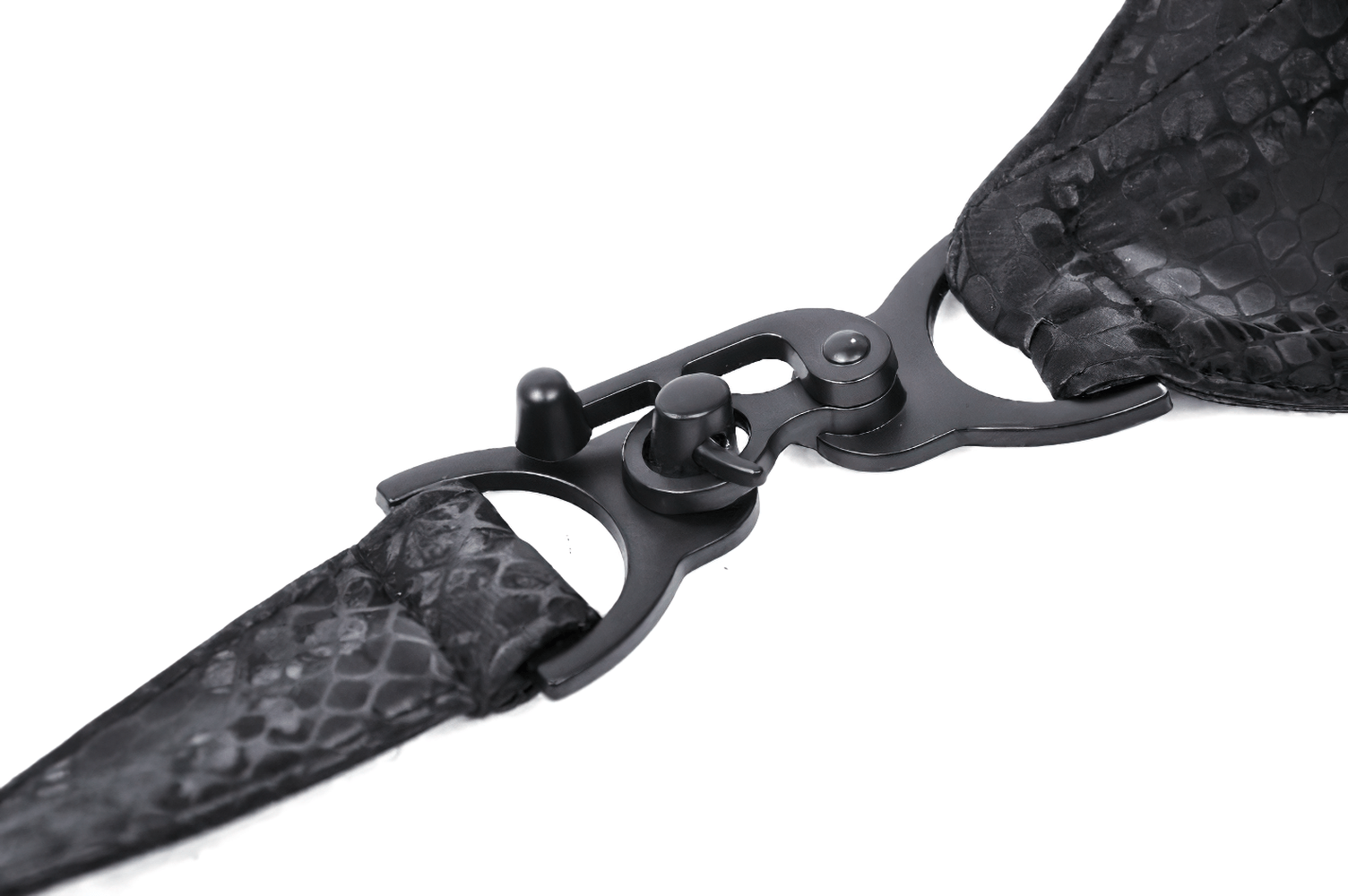 Close-up of the adjustable black leather high-neck collar with snake print and sleek silver hardware.