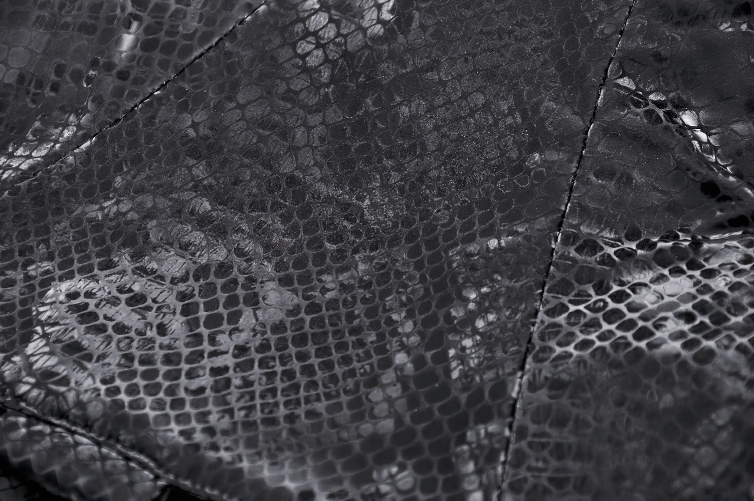 Close-up of black snake print leather texture, showcasing its glossy surface and intricate scale detail.