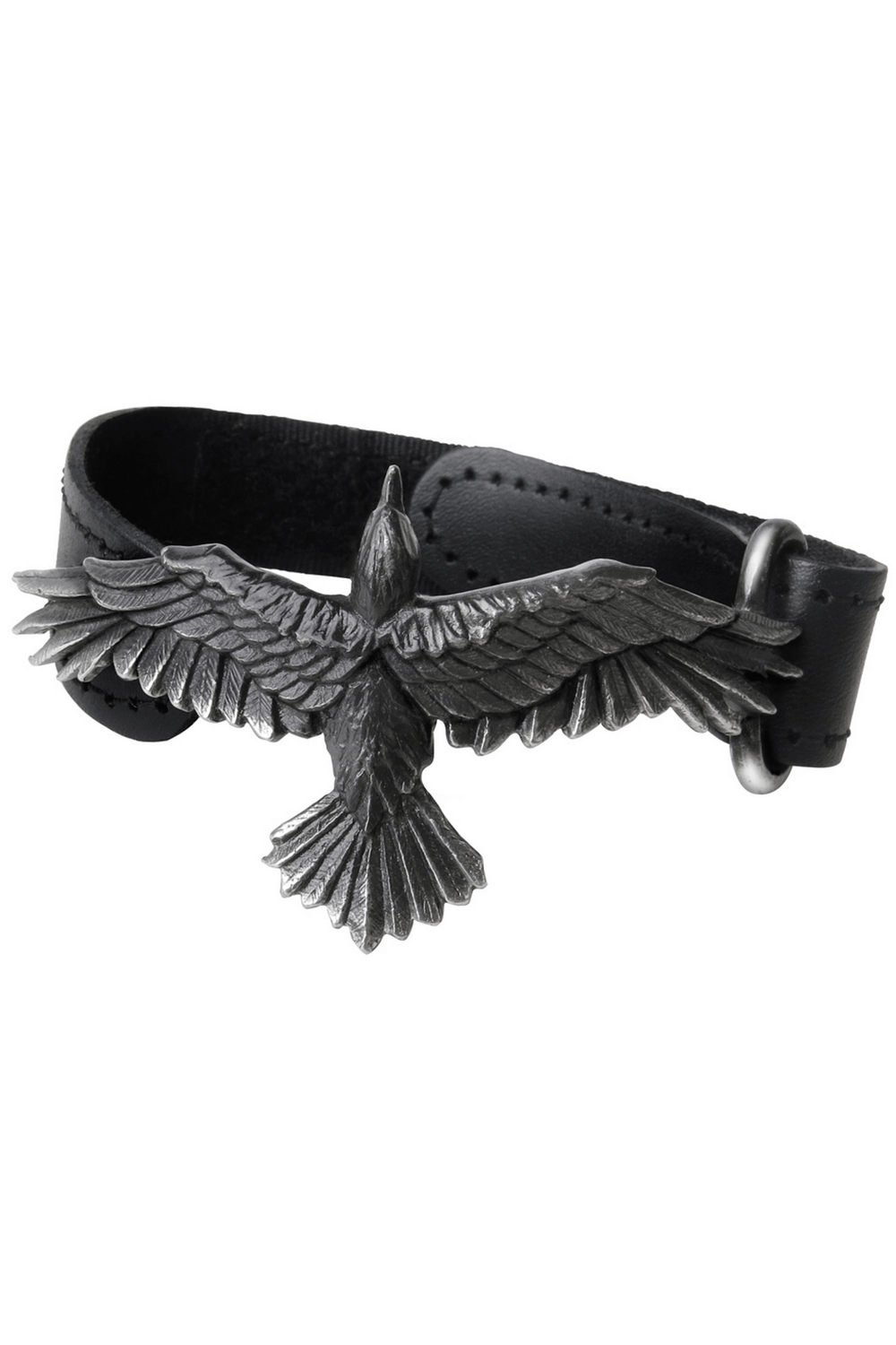 Black leather wristband featuring a pewter raven charm, inspired by Norse mythology and gothic style.