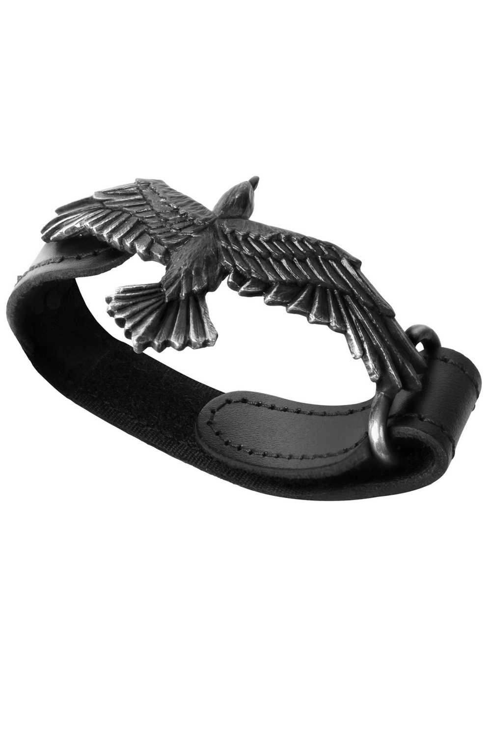 Black leather wristband featuring a pewter raven charm, inspired by Norse mythology and gothic style.