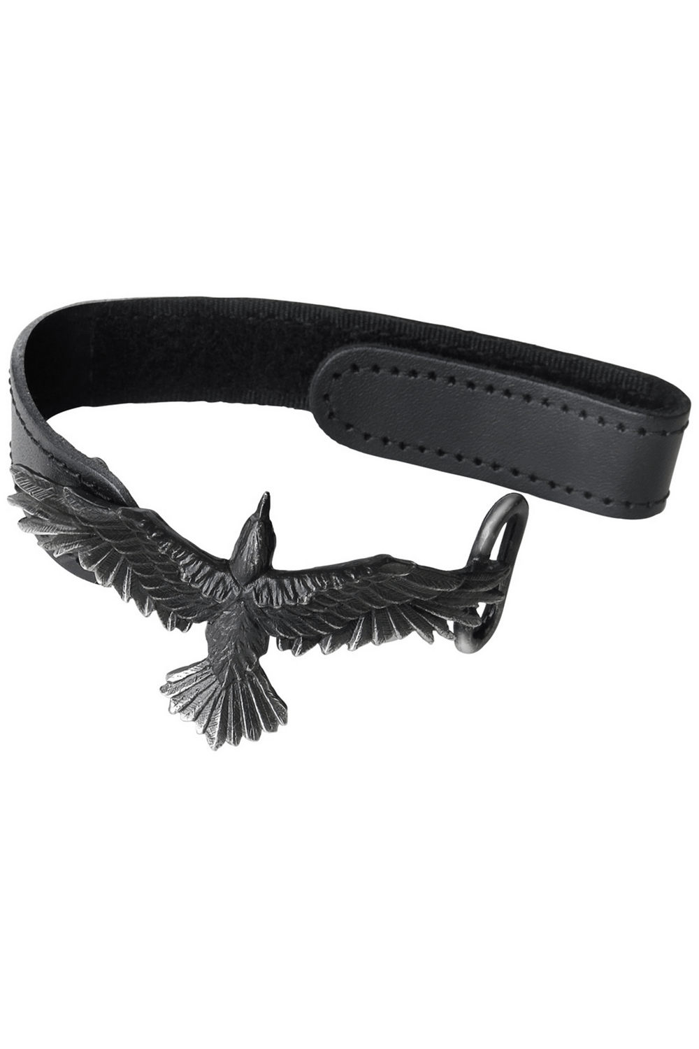 Black leather wristband with gripping pewter raven charm, embodying Norse mythology and gothic elegance.