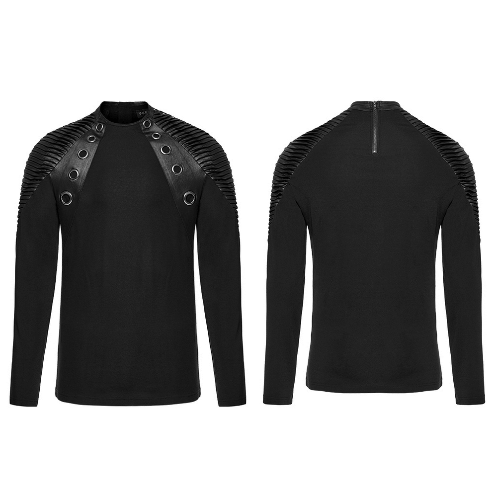 Black long-sleeved punk top with 3D pleats, leather accents, and rivets for a bold, edgy look. Back neck zipper for easy wear.