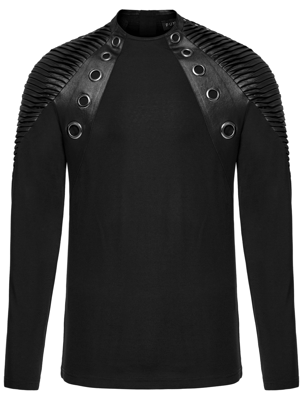 Black long-sleeved punk top with leather accents, 3D pleats, and rivet details for a bold, edgy look.