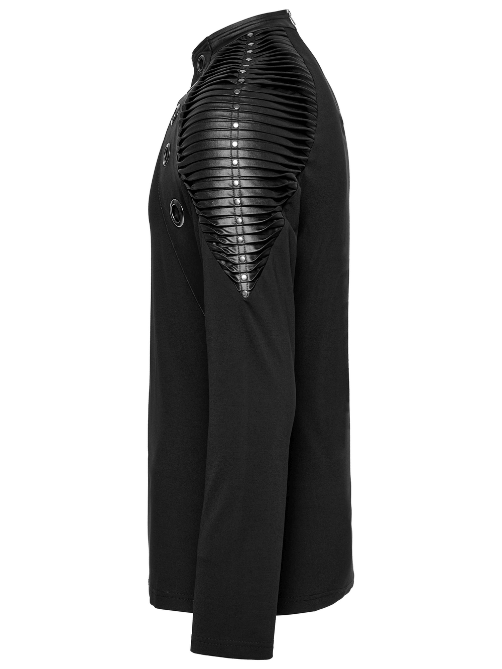 Black long-sleeved top with textured leather shoulders and rivet details, offering a punk-inspired style.