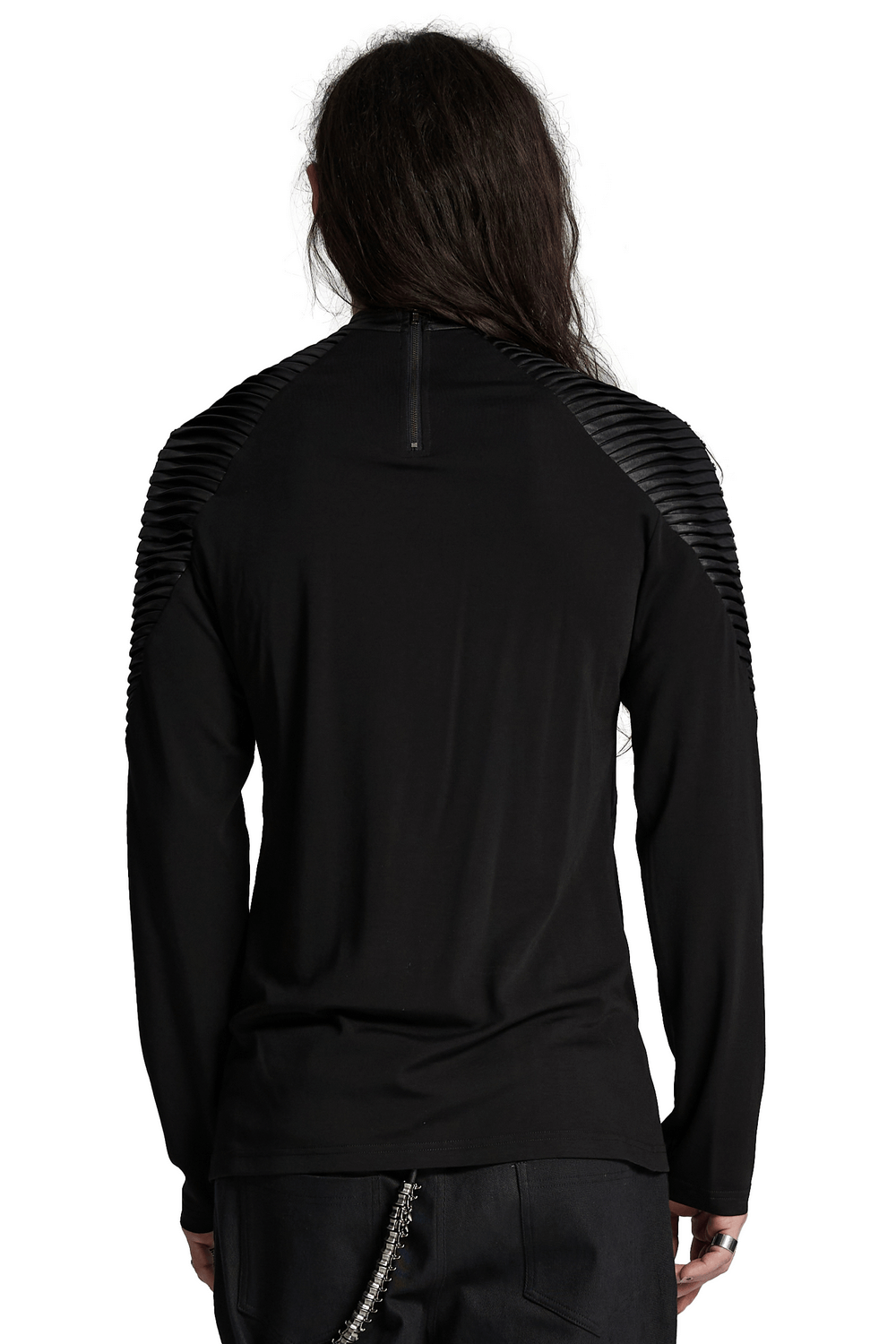 Back view of a black long-sleeved top with ribbed leather accents and a neck zipper, showcasing its unique punk style.