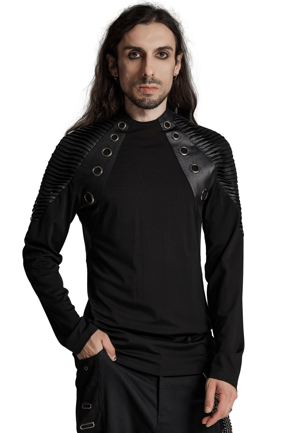 Black long-sleeved top with leather accents and rivets, featuring 3D pleats and an edgy design for a punk-inspired look.