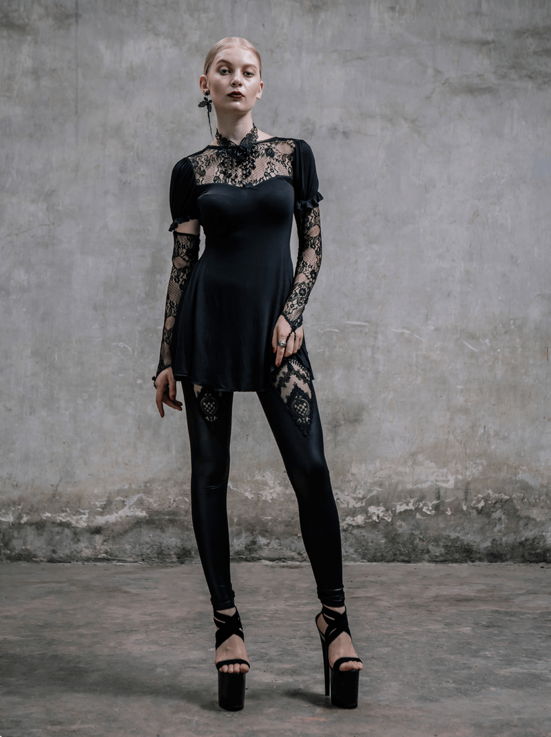 Black Long Top with Lace on the Neckline / Short Sleeves Top with Snap on Lace Gloves - HARD'N'HEAVY