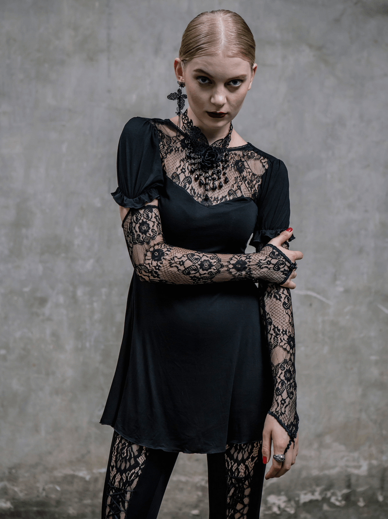 Black Long Top with Lace on the Neckline / Short Sleeves Top with Snap on Lace Gloves - HARD'N'HEAVY