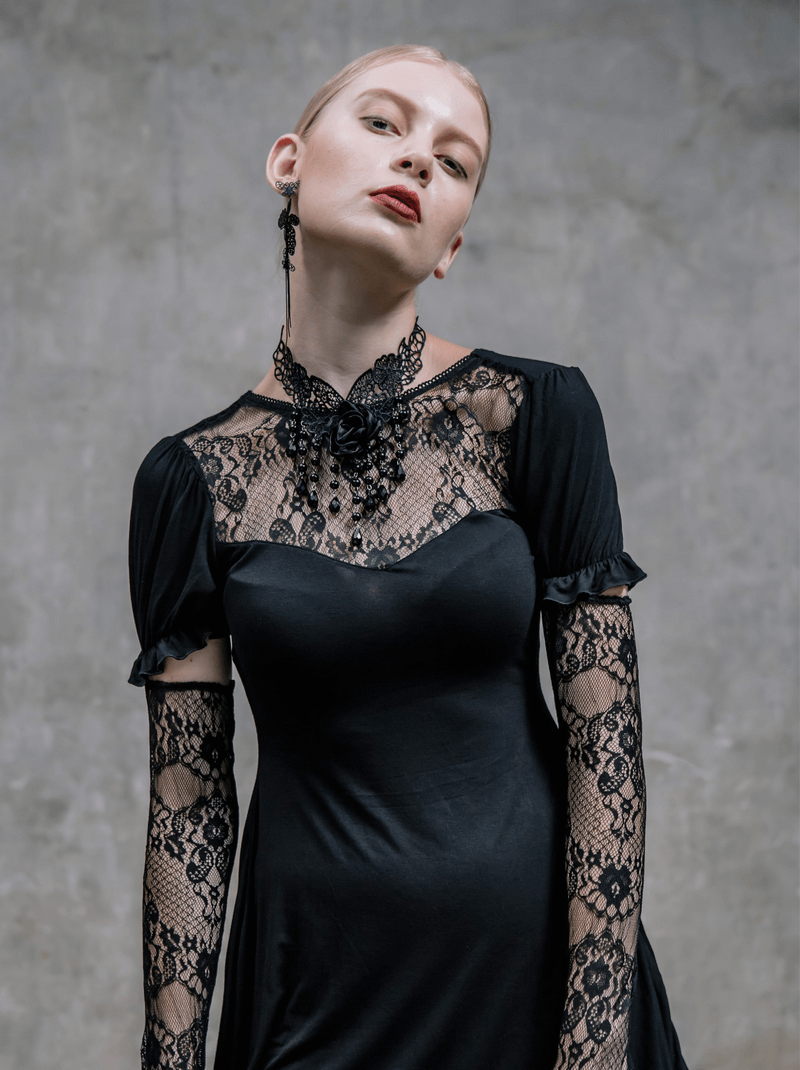 Black Long Top with Lace on the Neckline / Short Sleeves Top with Snap on Lace Gloves - HARD'N'HEAVY