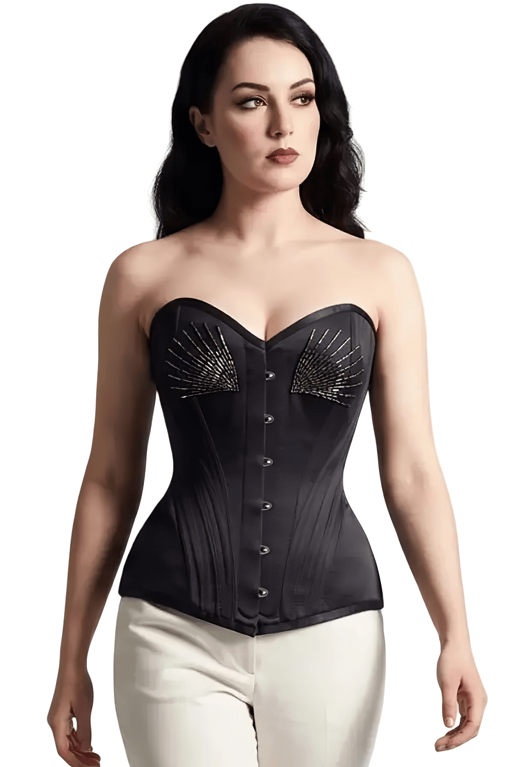 Black Longline Sweetheart Overbust Waist Training Corset with fan boning, satin finish, and Victorian Gothic drama