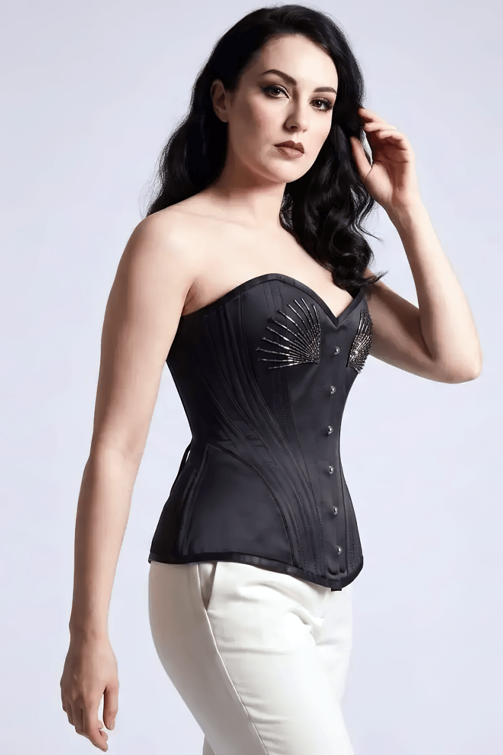 Black Longline Sweetheart Overbust Waist Training Corset with Victorian gothic style, curved boning, and lace-up back for sculpted shaping
