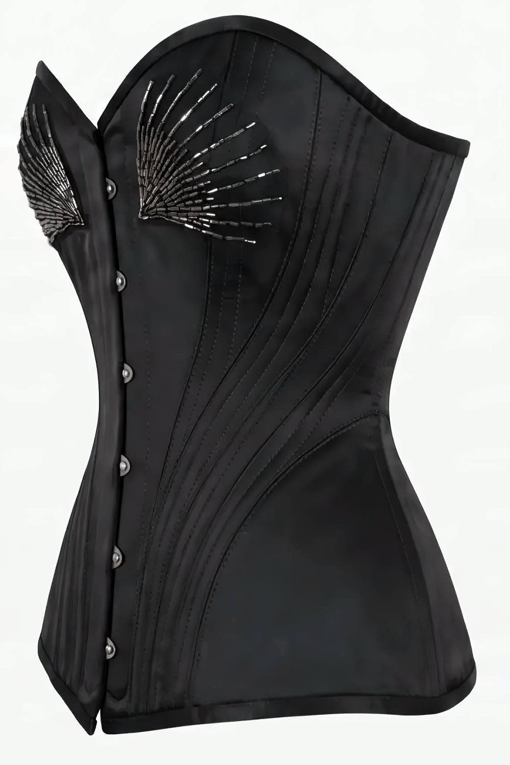 Black Longline Sweetheart Overbust Waist Training Corset in black satin with curved boning, lace-up back and gothic wing detailing