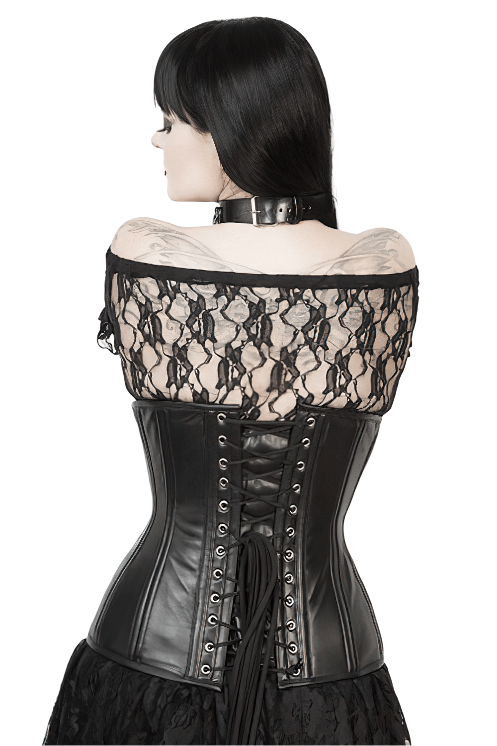 Back view of a gothic waist trainer showcasing lace and leather for a sculpted waist and elegant style.