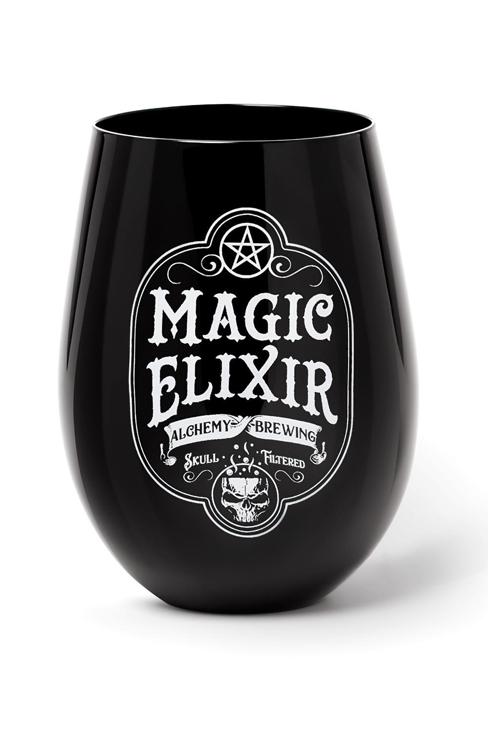 Black Magic Elixir gothic stemless glass with skull-filtered design for potions and wine.