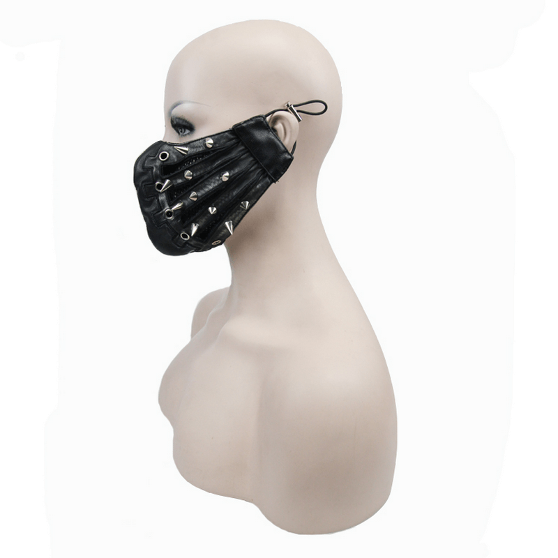 Unisex black PU leather punk mask with silver spikes, depicted on a mannequin from the side view.