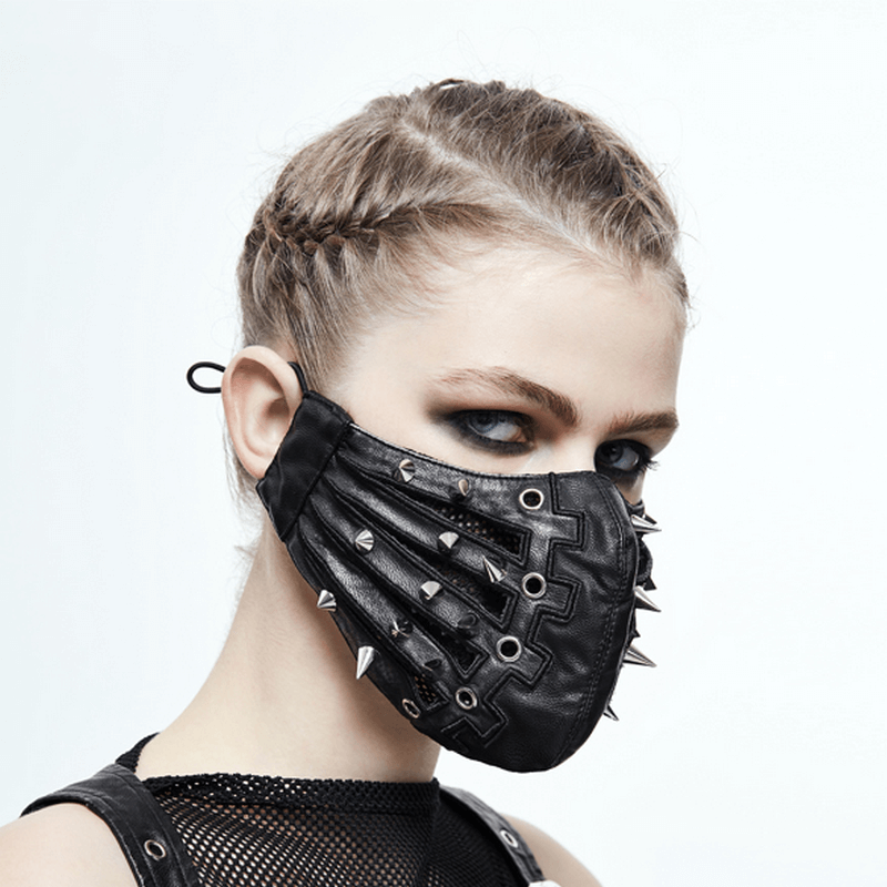 Black Mask with Spikes and Mesh in Punk Style / PU Leather Masks with Rubber Bands to Grip the Ear - HARD'N'HEAVY