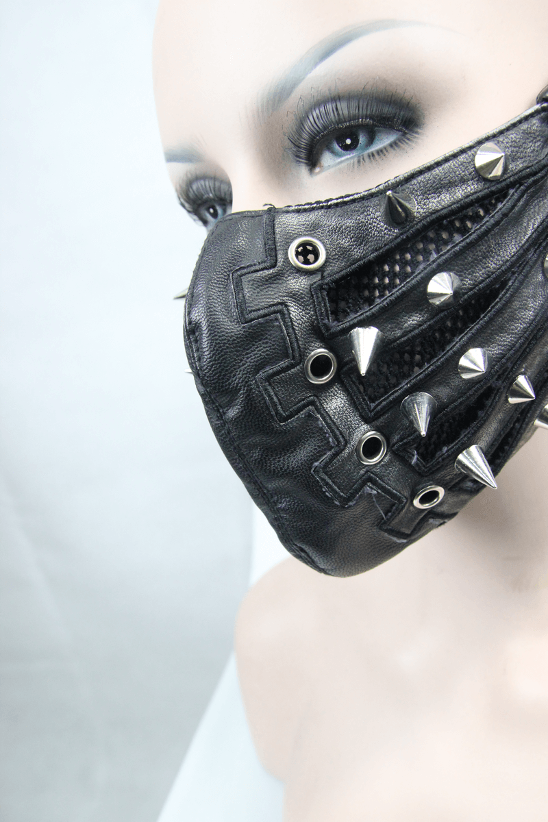 Black Mask with Spikes and Mesh in Punk Style / PU Leather Masks with Rubber Bands to Grip the Ear - HARD'N'HEAVY