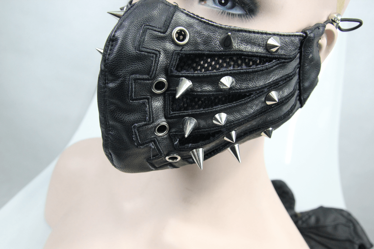 Black Mask with Spikes and Mesh in Punk Style / PU Leather Masks with Rubber Bands to Grip the Ear - HARD'N'HEAVY