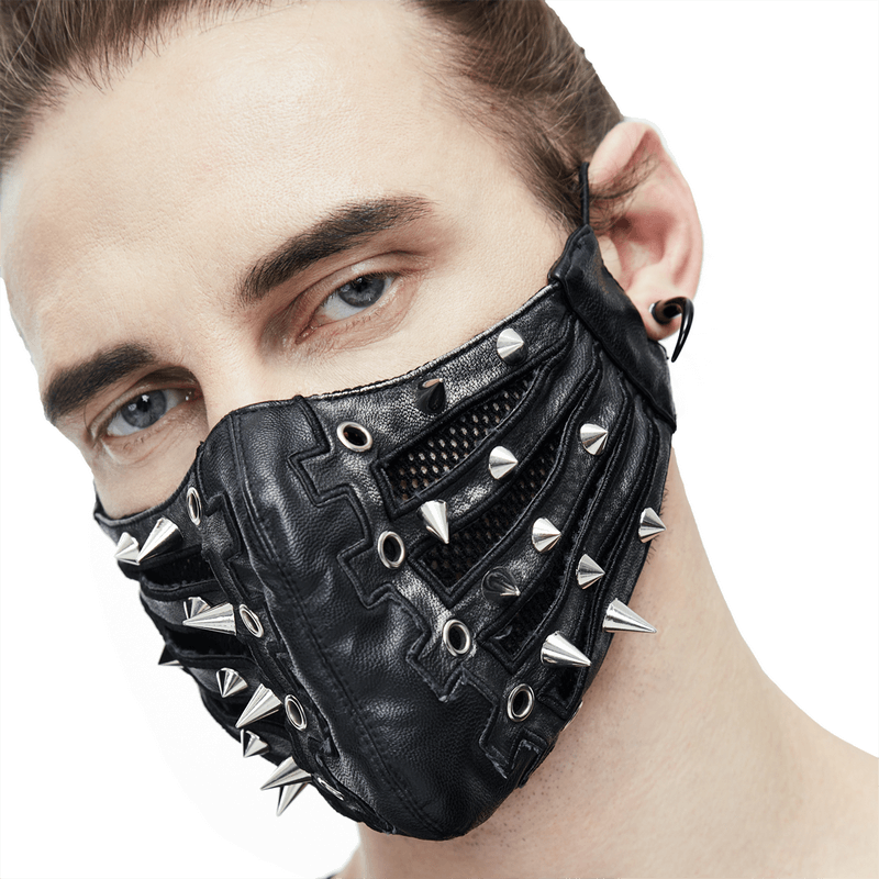 Black Mask with Spikes and Mesh in Punk Style / PU Leather Masks with Rubber Bands to Grip the Ear - HARD'N'HEAVY