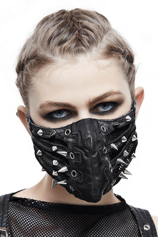 Unisex black PU leather punk mask with spikes, stylish design, perfect for edgy outfits.