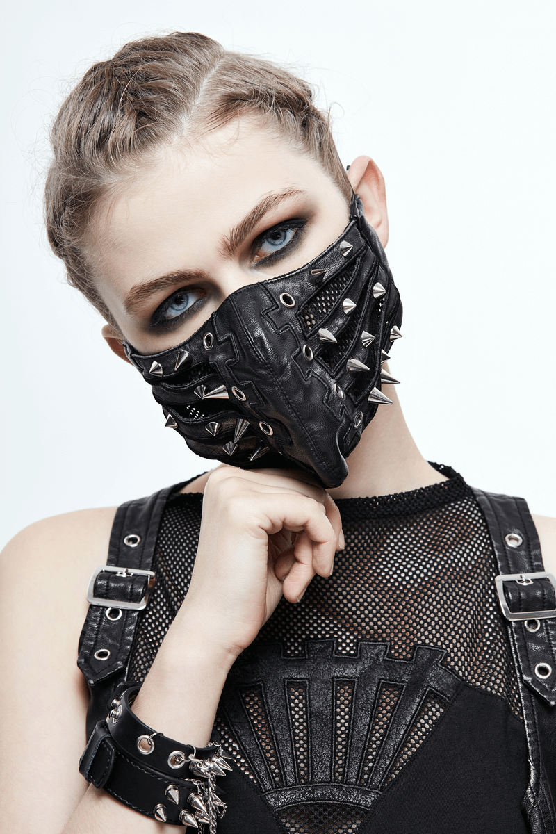 Black Mask with Spikes and Mesh in Punk Style / PU Leather Masks with Rubber Bands to Grip the Ear - HARD'N'HEAVY