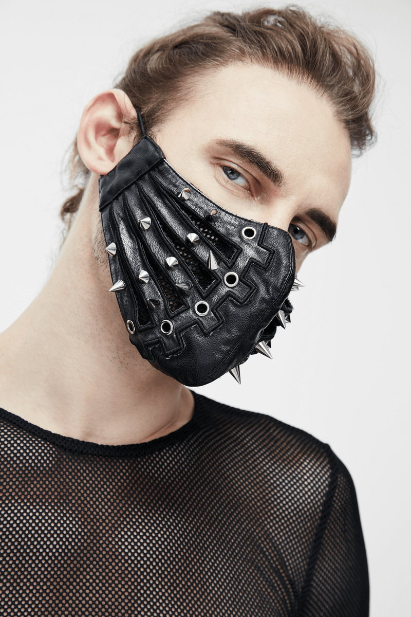 Black Mask with Spikes and Mesh in Punk Style / PU Leather Masks with Rubber Bands to Grip the Ear - HARD'N'HEAVY