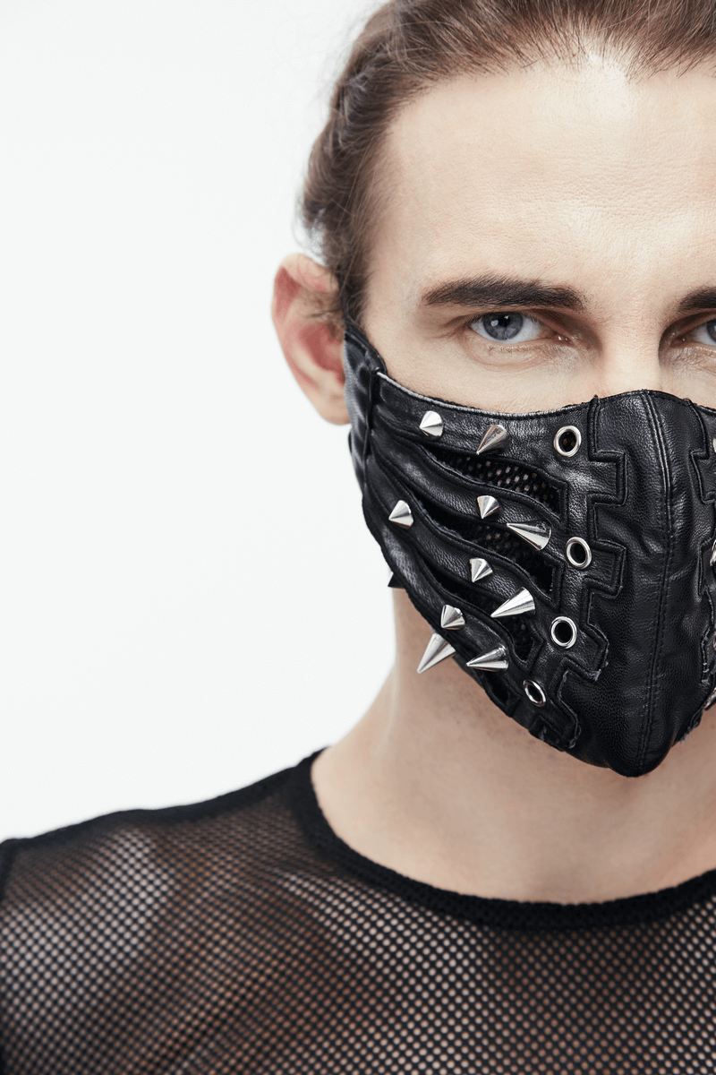 Black Mask with Spikes and Mesh in Punk Style / PU Leather Masks with Rubber Bands to Grip the Ear - HARD'N'HEAVY