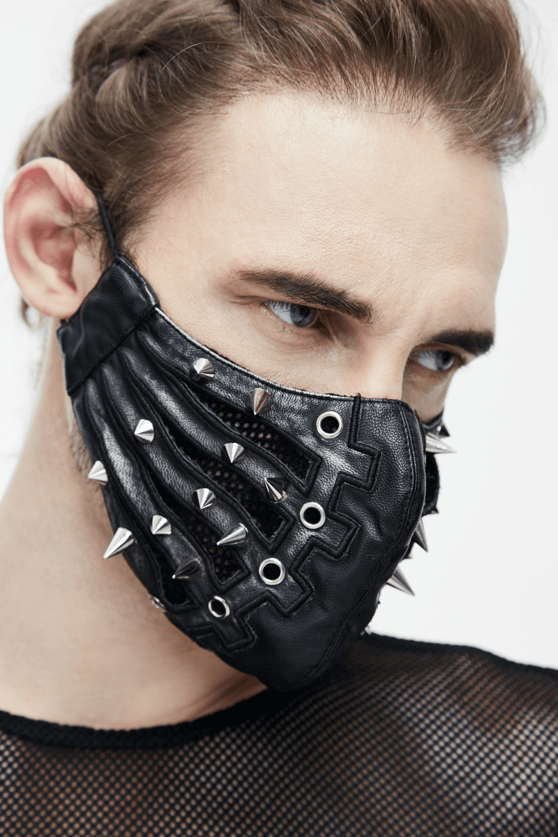 Black Mask with Spikes and Mesh in Punk Style / PU Leather Masks with Rubber Bands to Grip the Ear - HARD'N'HEAVY