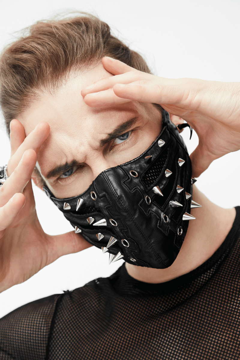 Black Mask with Spikes and Mesh in Punk Style / PU Leather Masks with Rubber Bands to Grip the Ear - HARD'N'HEAVY