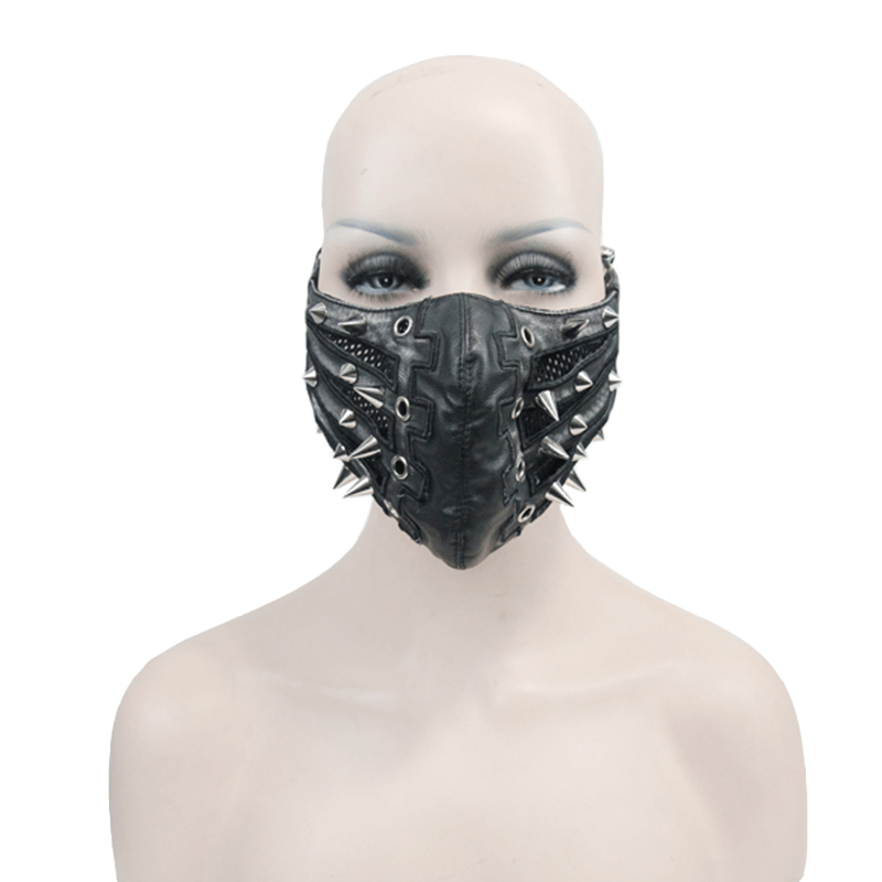 Black punk style mask with spikes and mesh, made of PU leather, perfect accessory for a trendy look.